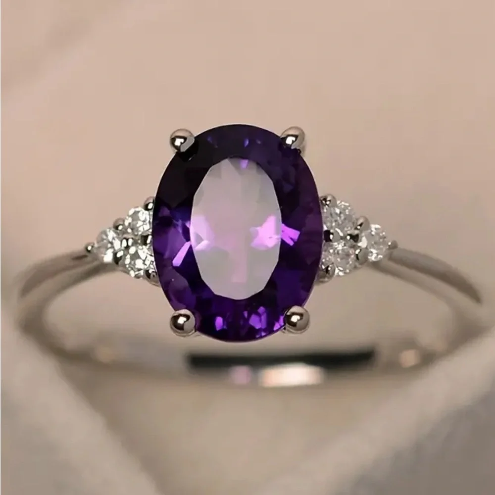 New Oval Amethyst Color Rhinestone Sivertone‎ Ring Size 8